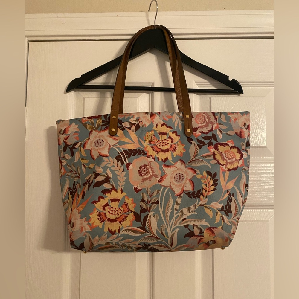 Ralph Lauren. Floral Tote Bag with Brown Handles. Detachable Inside Pocket. Zip.